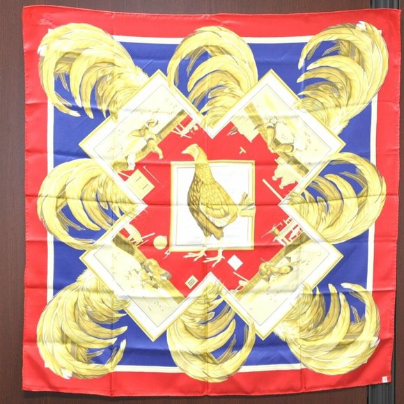 Authentic HERMES Carre 90 Scarf "COMBATS DE COQS" Silk Red Blue - Picture 8 of 16